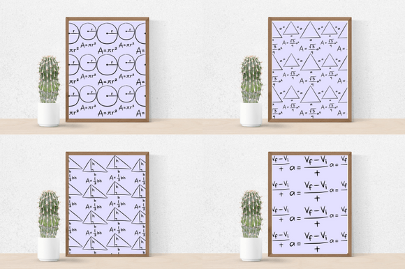 Four maths posters with the lilac background.