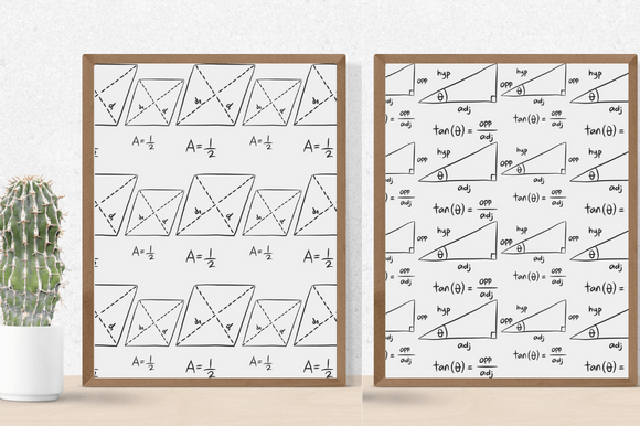 White background with the maths formulas on the posters.