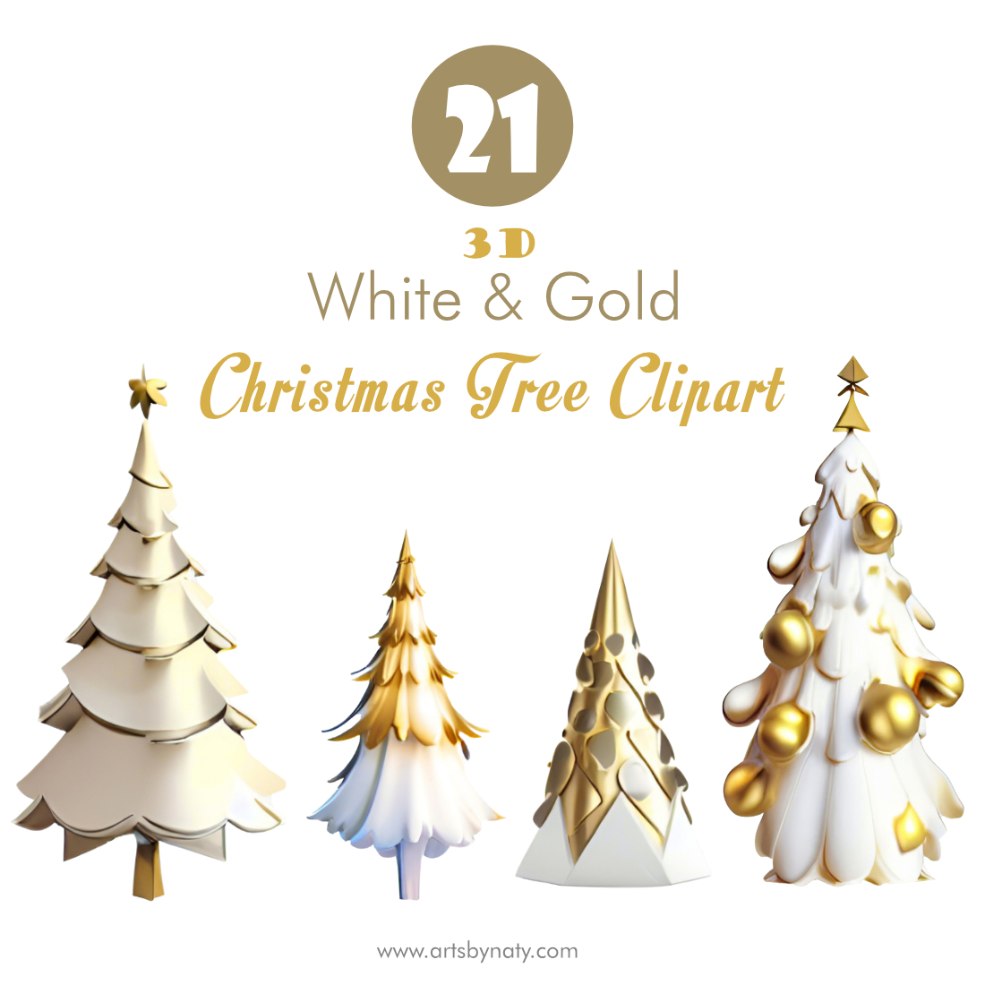 3D White and Gold Christmas Tree Clipart Bundle cover image.