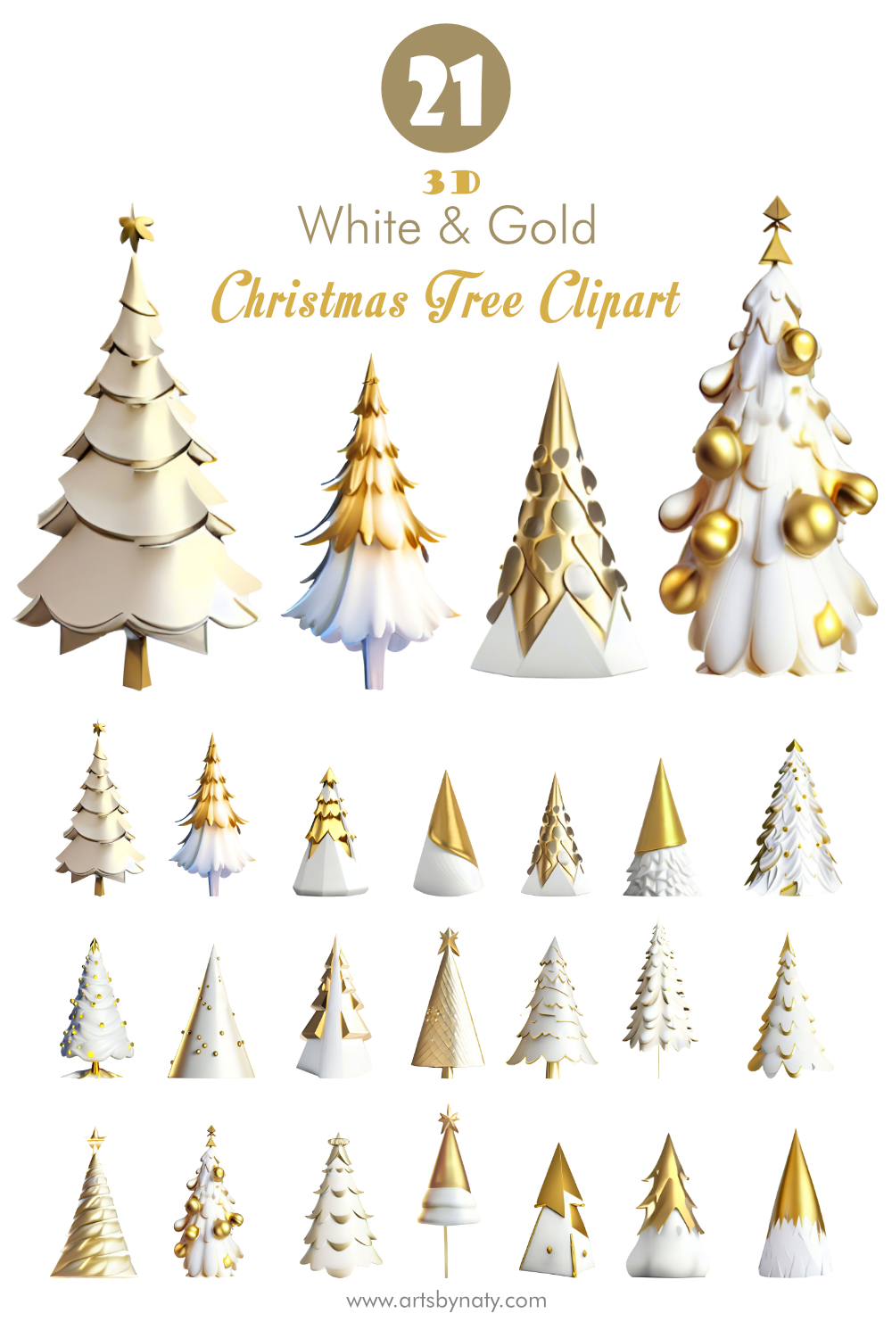 3D White and Gold Christmas Tree Clipart Bundle pinterest image.
