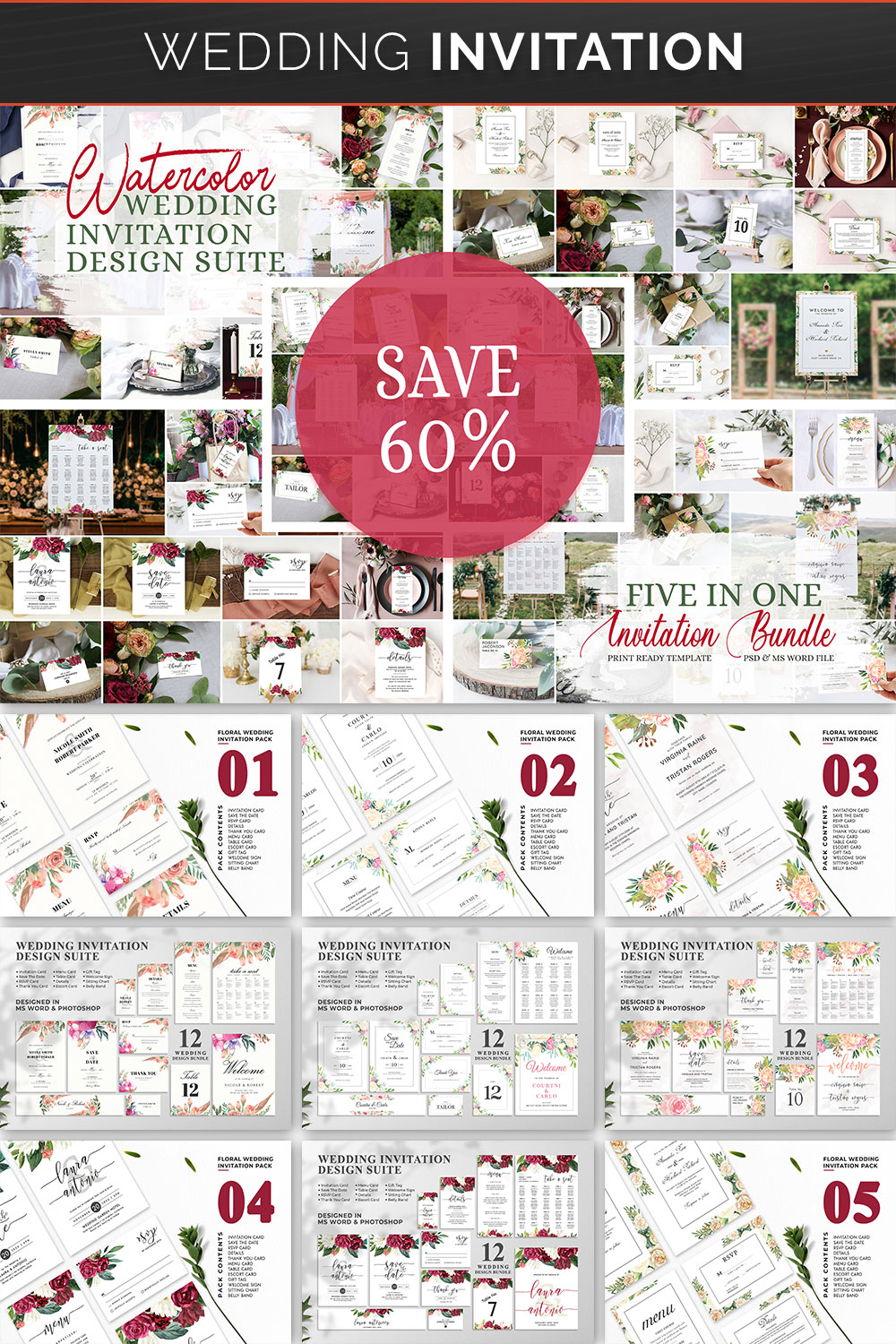 Watercolor Floral Wedding Invitation Package Mega Bundle - pinterest image preview.