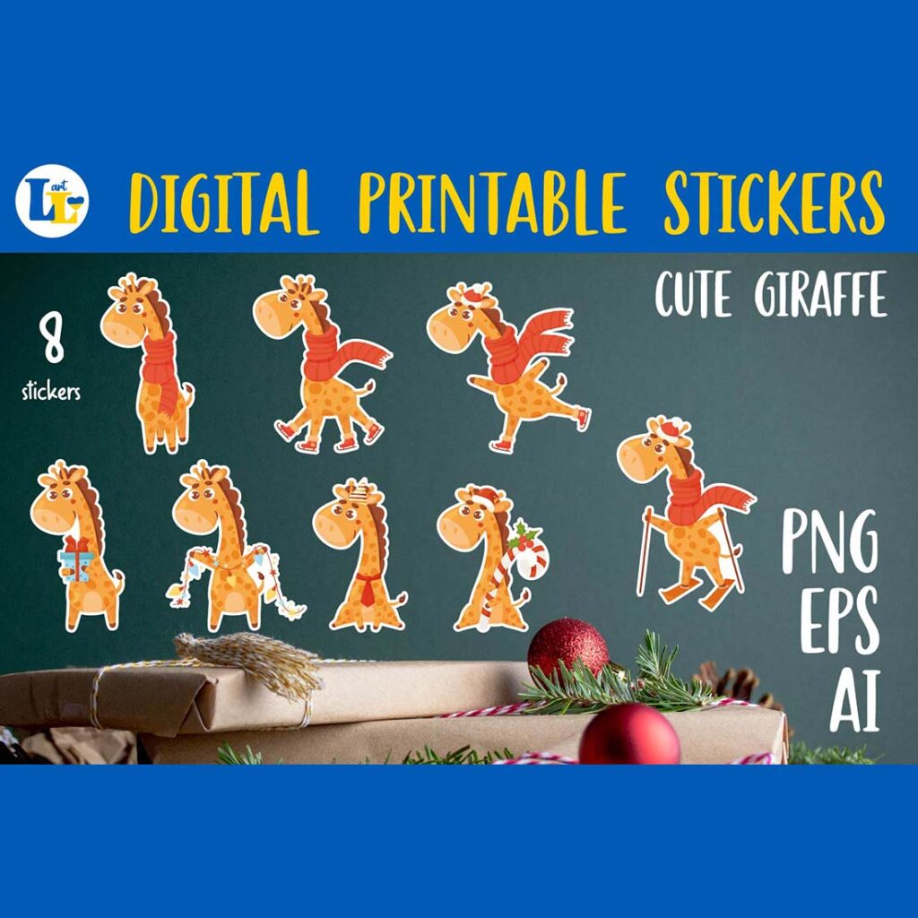 Winter Cute giraffe Printable Sticker Bundle - MasterBundles