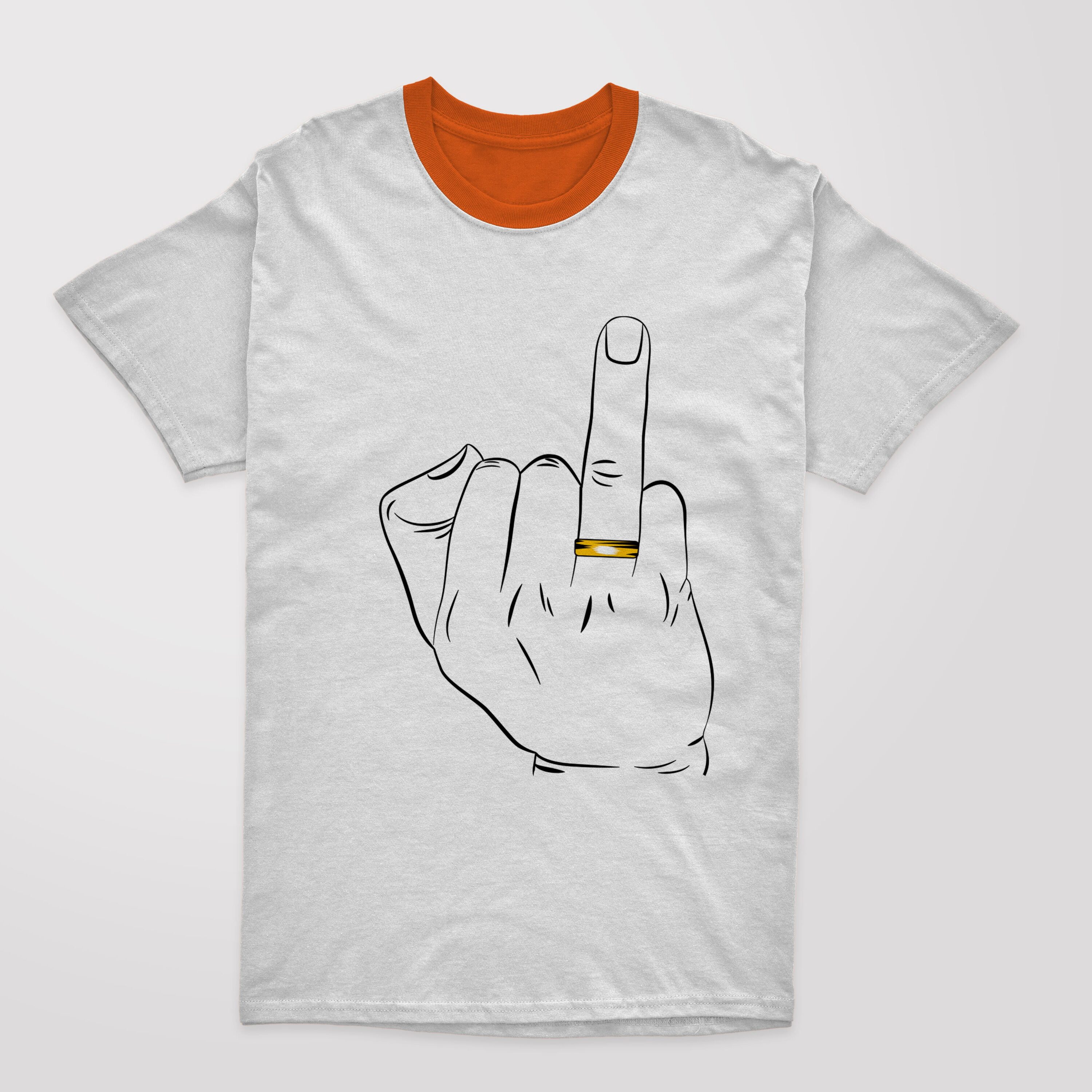 Image of a T-shirt with a charming print of a male hand with a wedding ring.