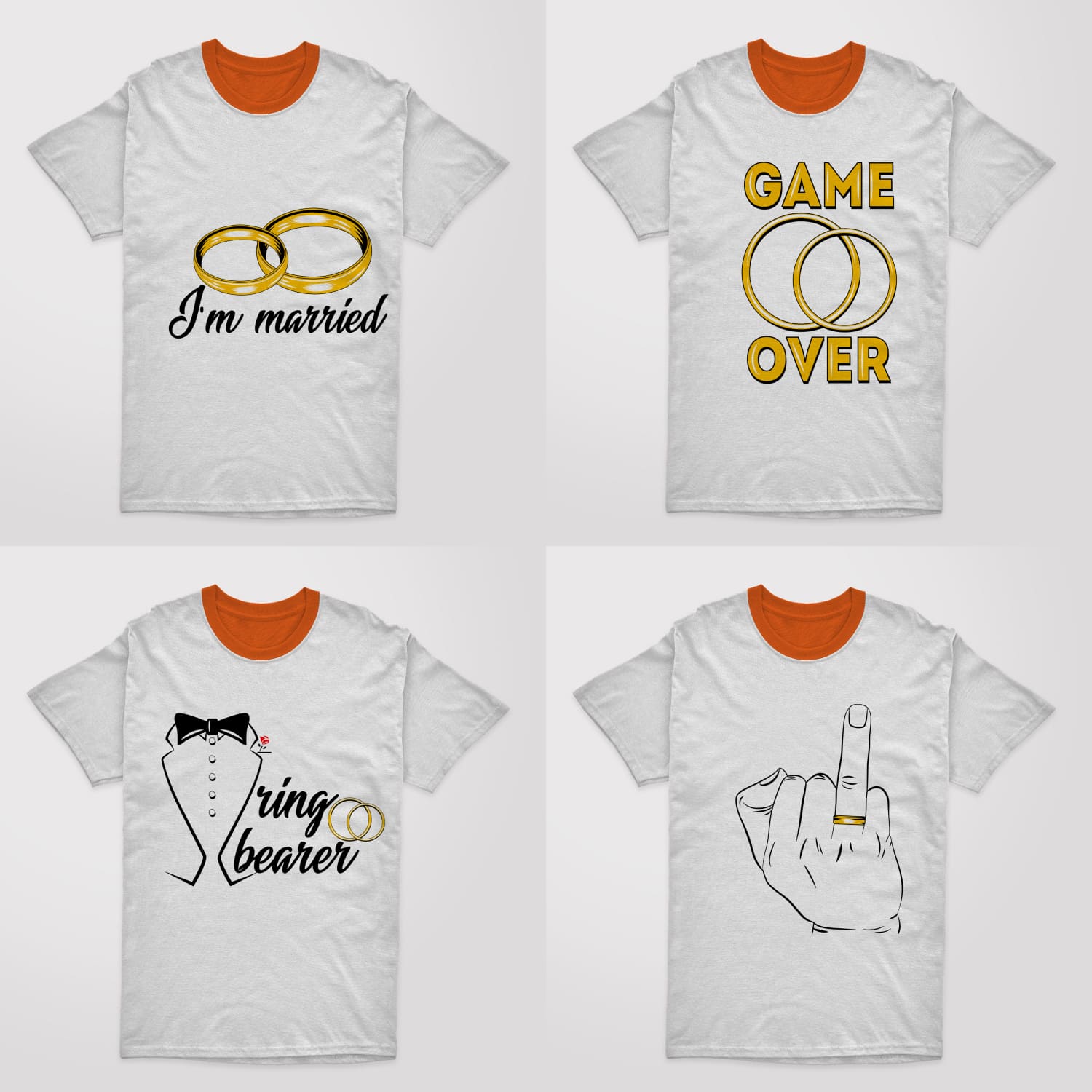 A set of images of T-shirts with gorgeous prints of men's wedding rings.