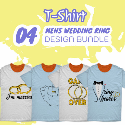 Collection of images of t-shirts with enchanting prints of wedding rings.