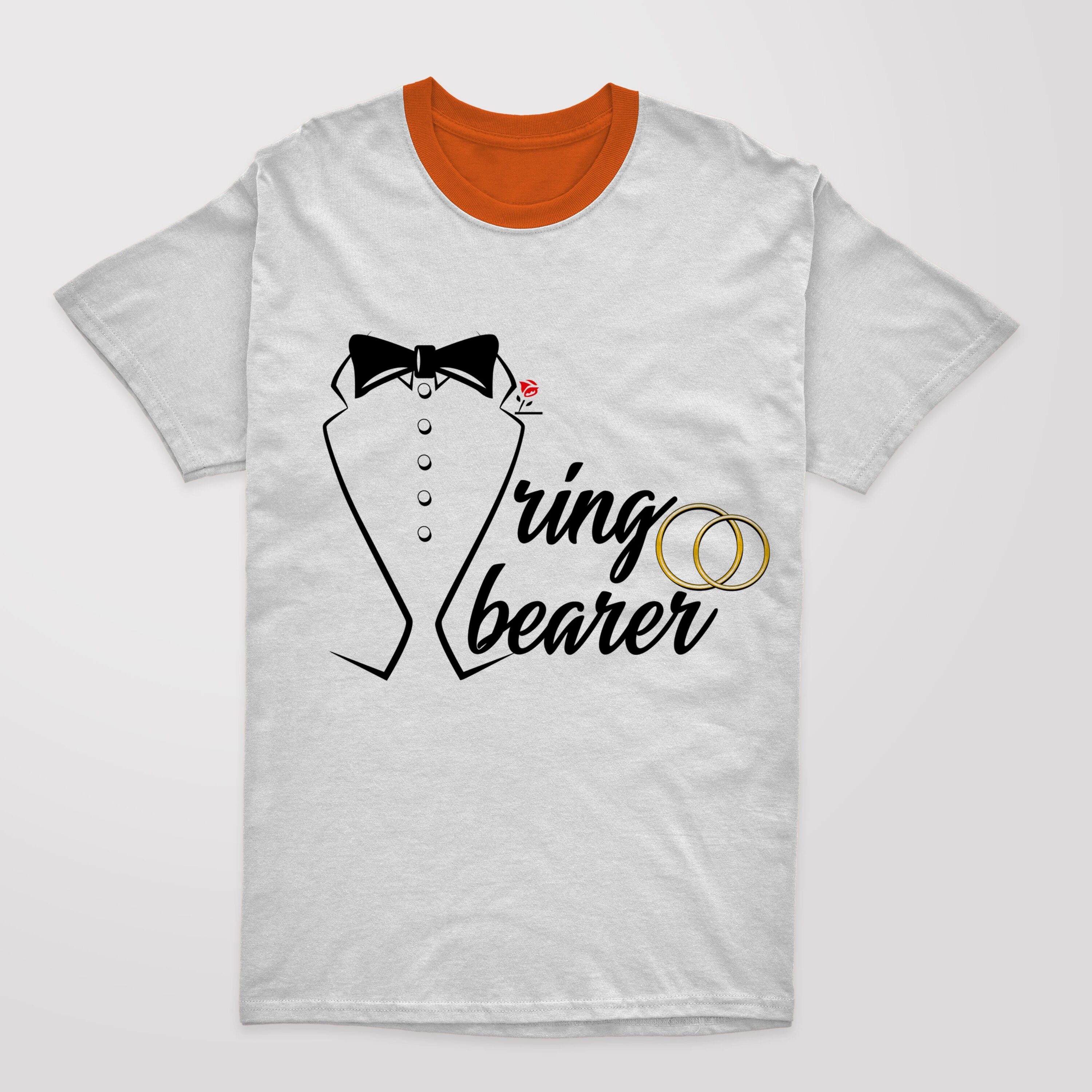 T-shirt image with beautiful print of tuxedo and wedding rings.