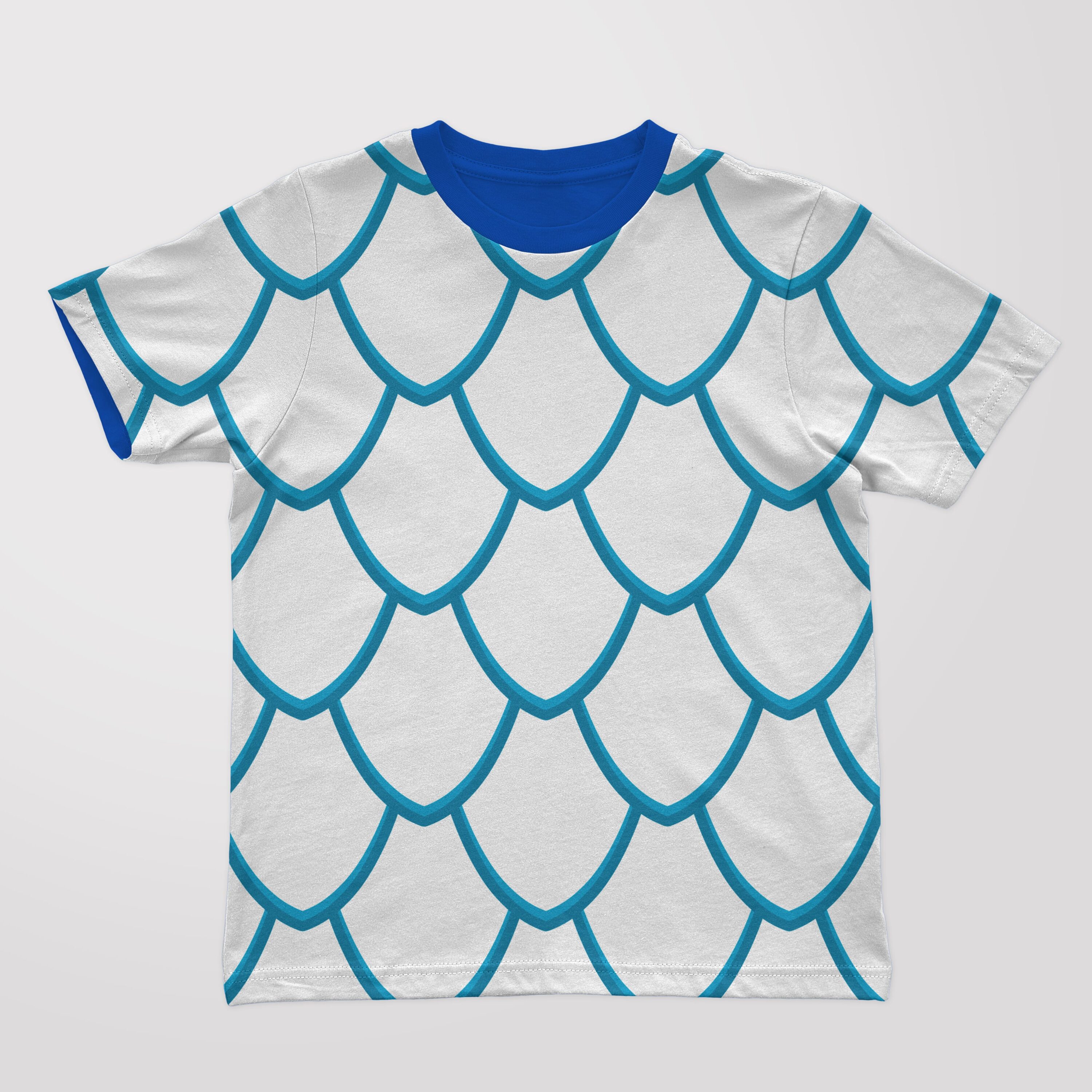 White t-shirt with the blue scales.
