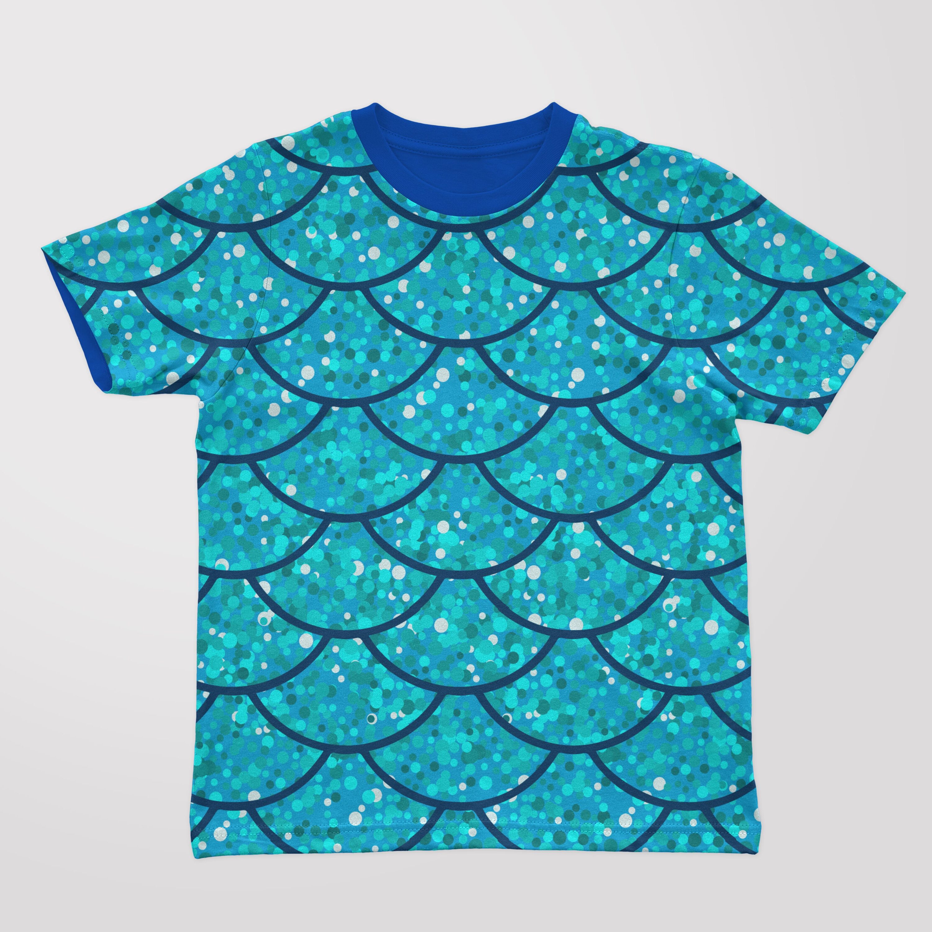 Blue glitter t-shirt with the scales illustration.