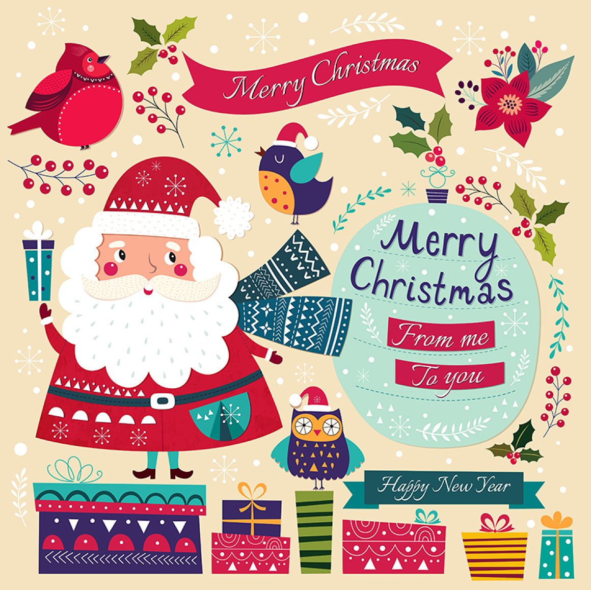 Merry Christmas illustration with a Santa and presents.