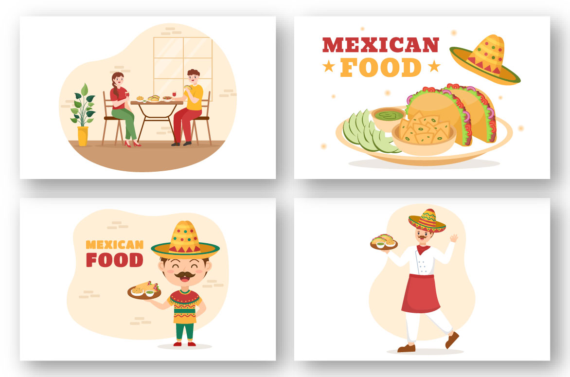 A selection of cute cartoon images of Mexican food chefs.