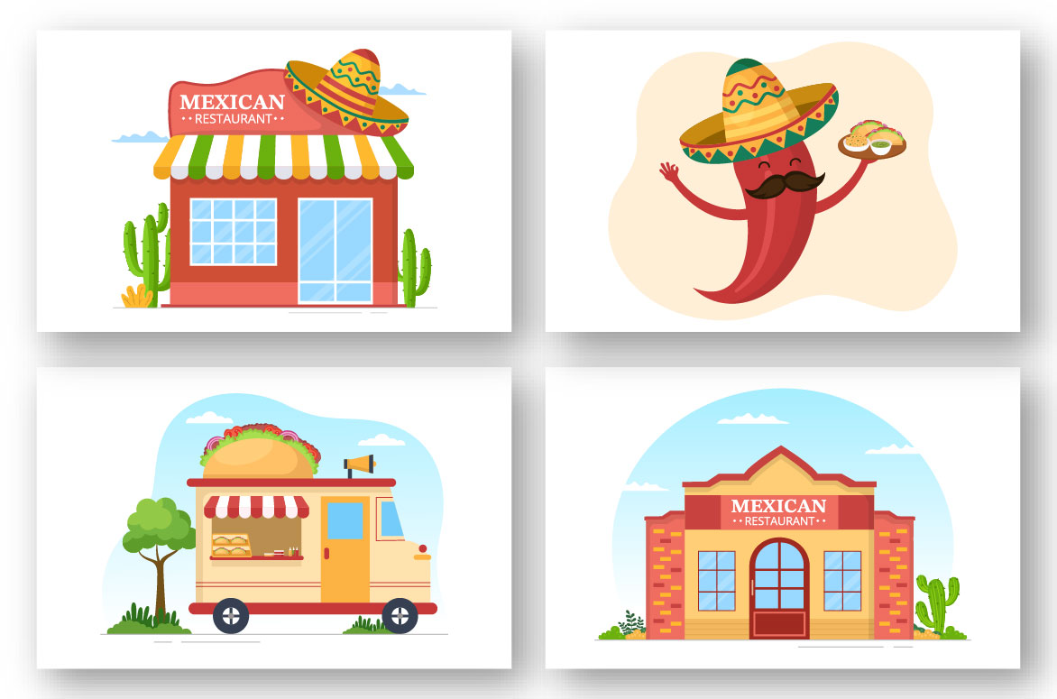 Collection of colorful cartoon images with mexican restaurants.