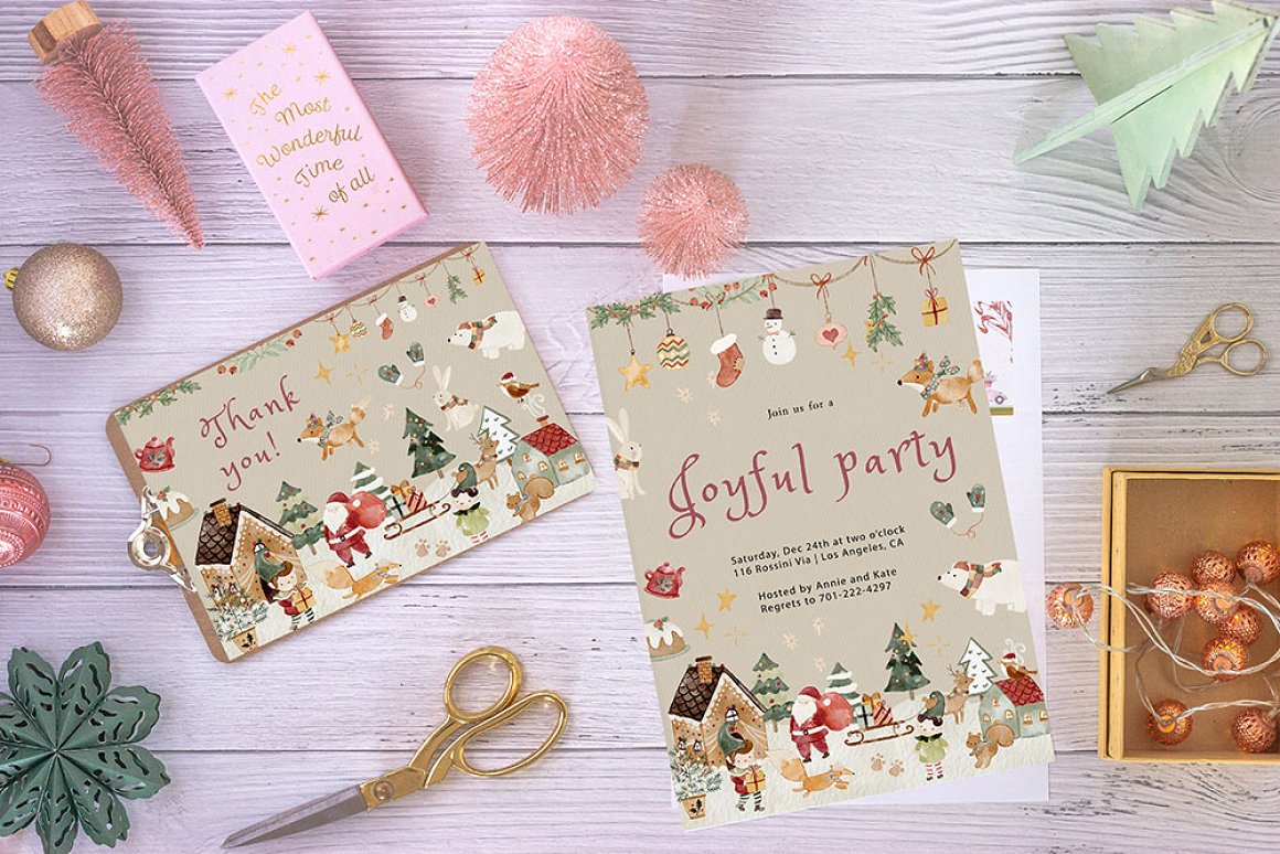 Pastel greeting cards for Christmas night.
