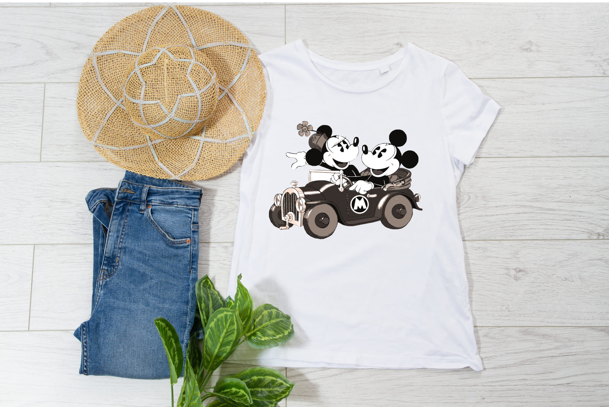Mickey mouse for the car on the white t-shirt.