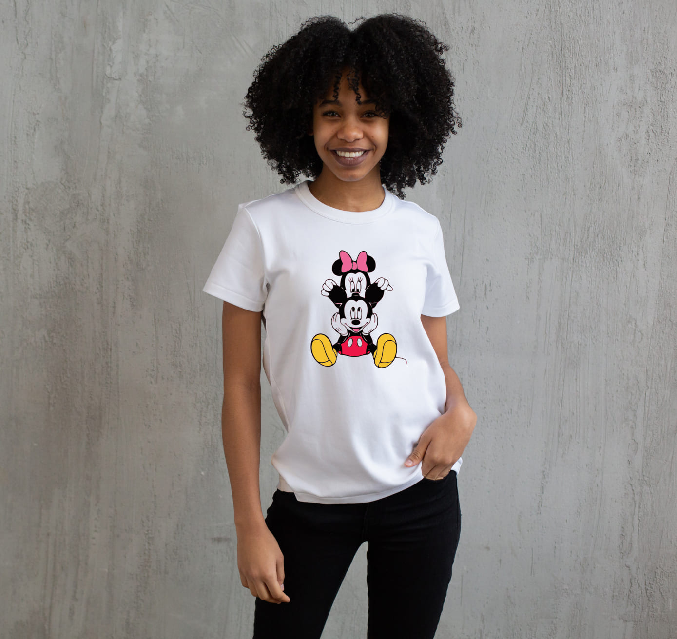 Funny. and colorful mickey mouse on the white t-shirt.