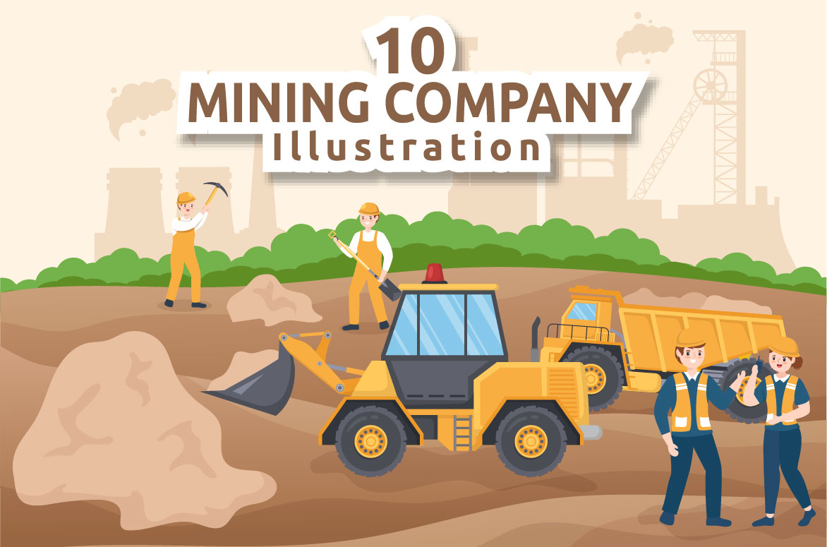 Amazing cartoon image of a mining company with heavy yellow dump trucks.