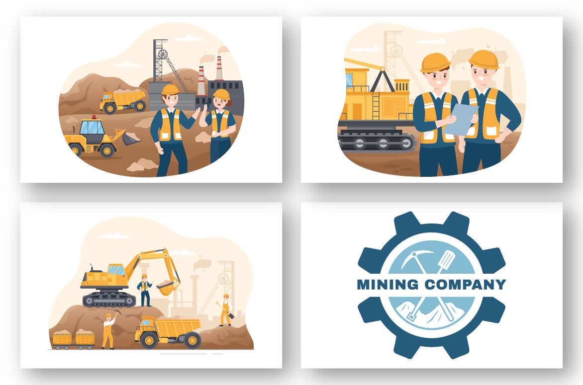 Pack of beautiful cartoon images of mining companies with heavy yellow dump trucks.