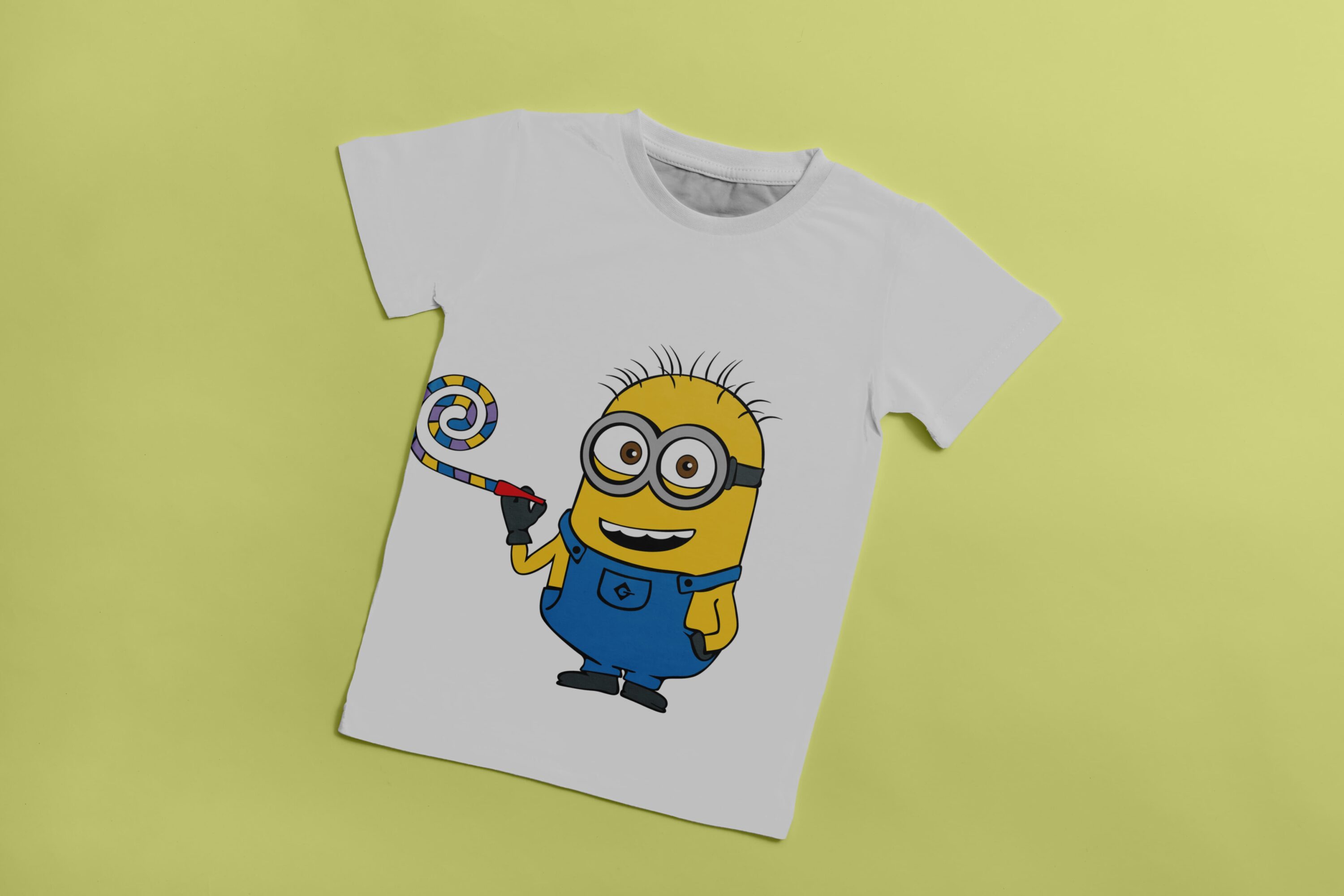 White t-shirt with a picture of a cheerful character - a Minion with a whistle for birthday.