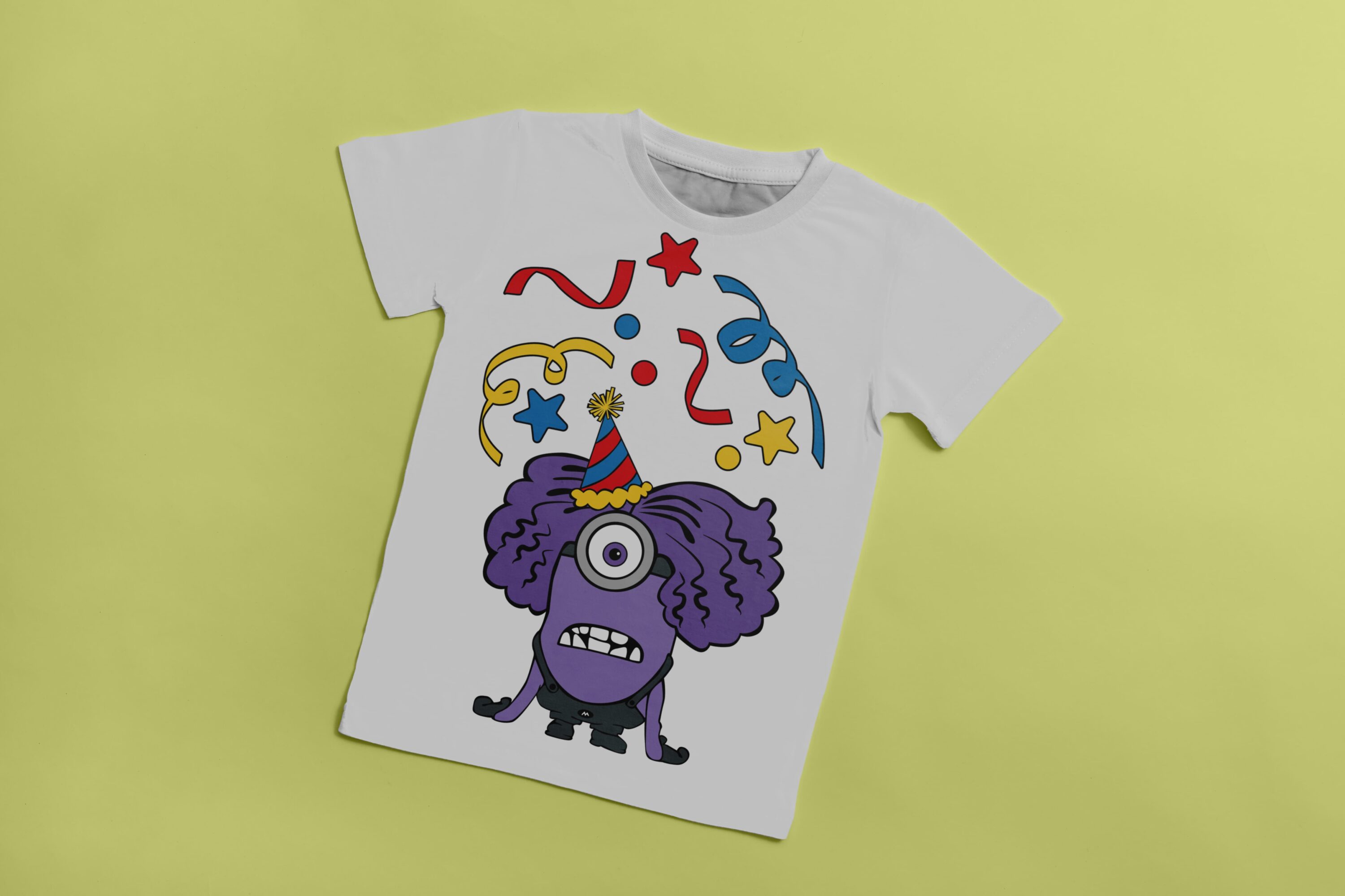 White T-shirt with an image of a surprised character - Evil Minion with a party hat.