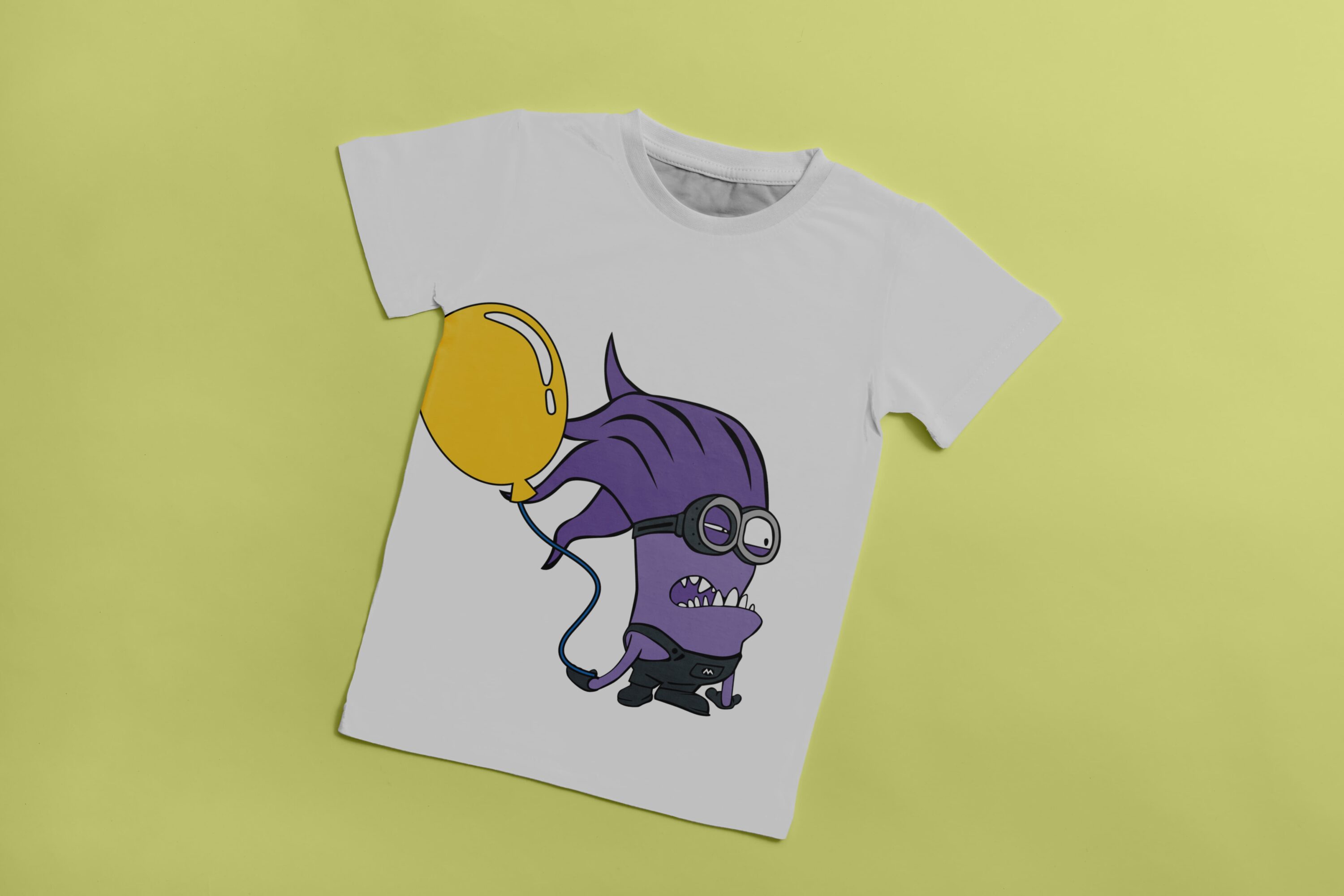 White T-shirt with an angry Evil Minion with a yellow balloon.