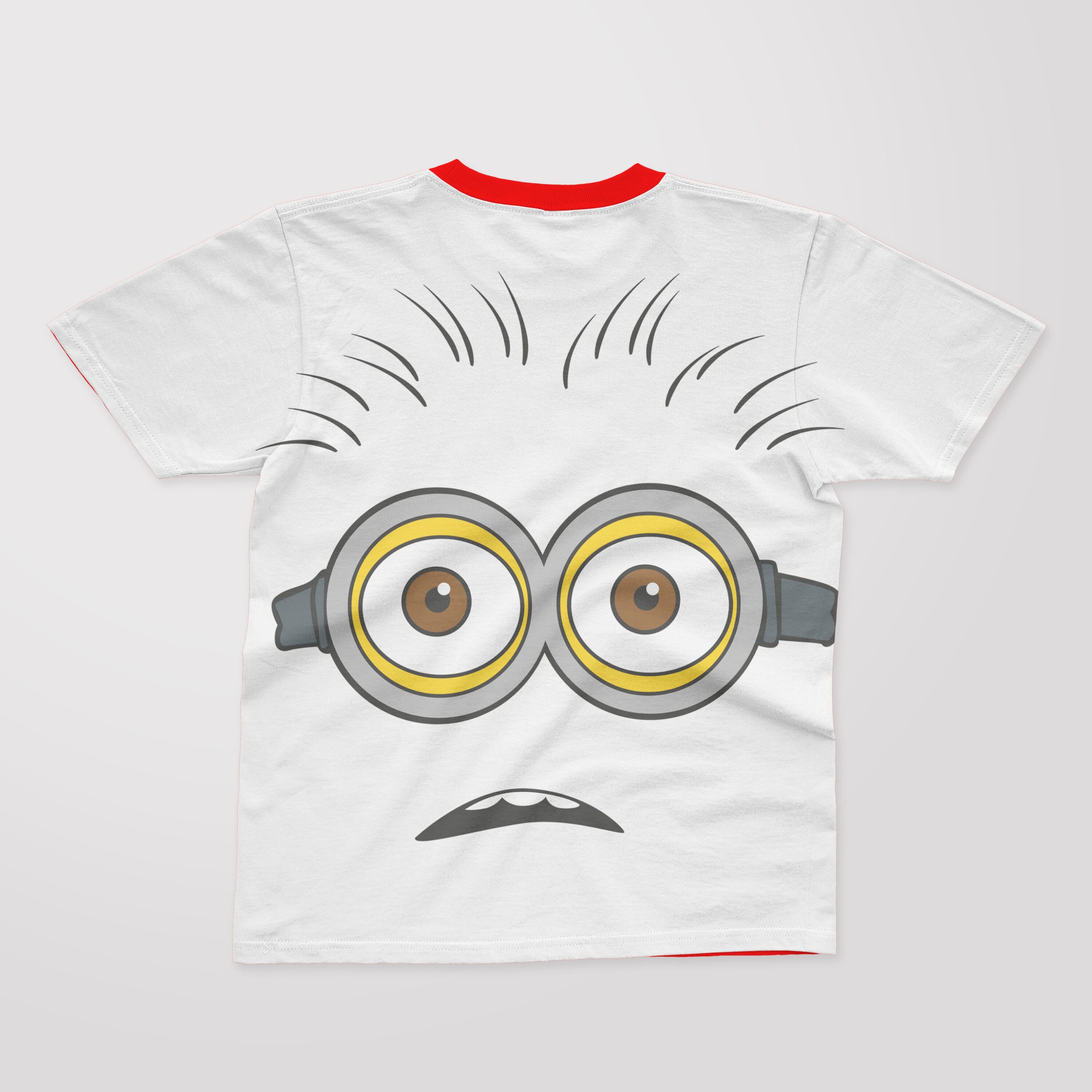 A white T-shirt with a red collar and a face of a puzzled minion.