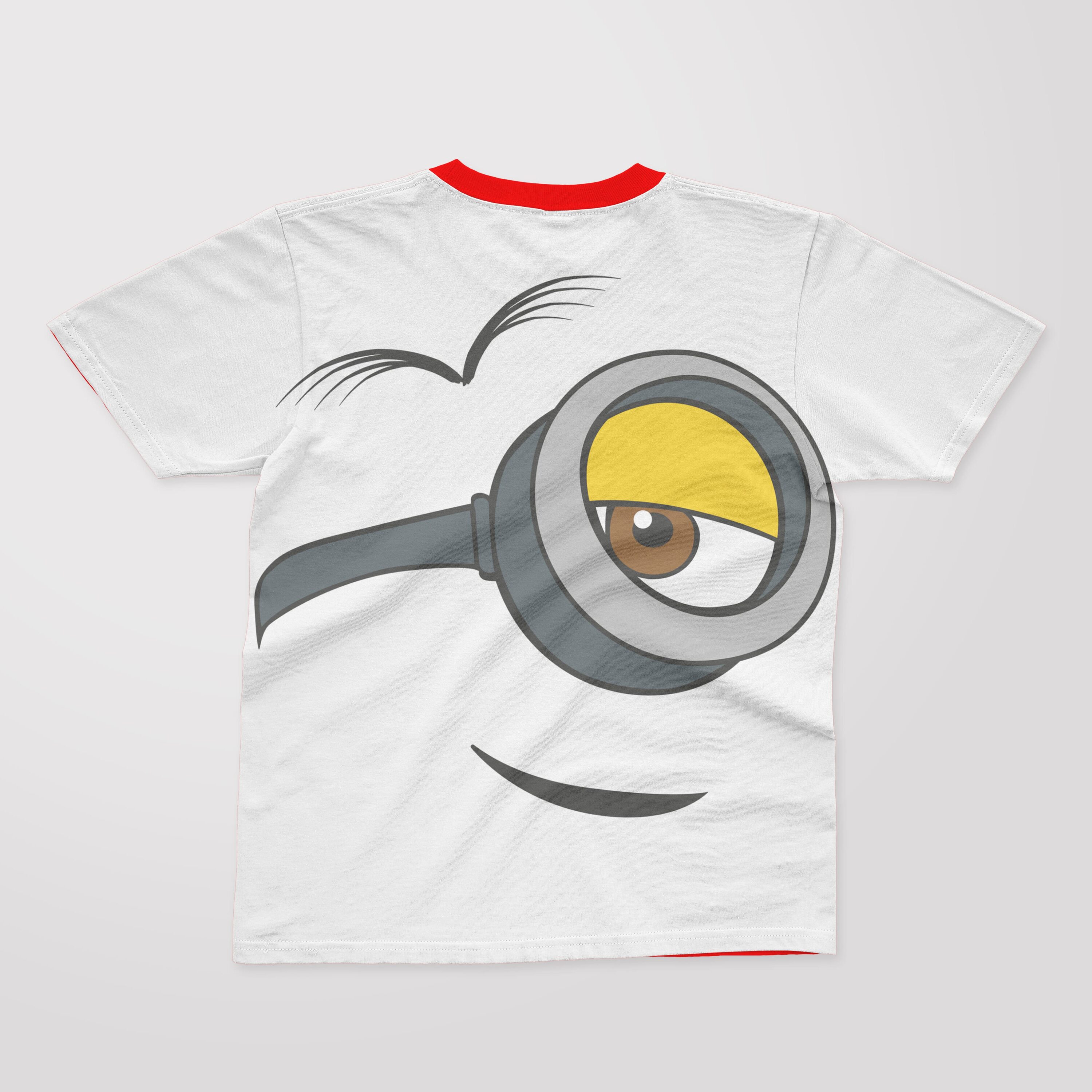 White T-shirt with a red collar and a face of a grinning minion.