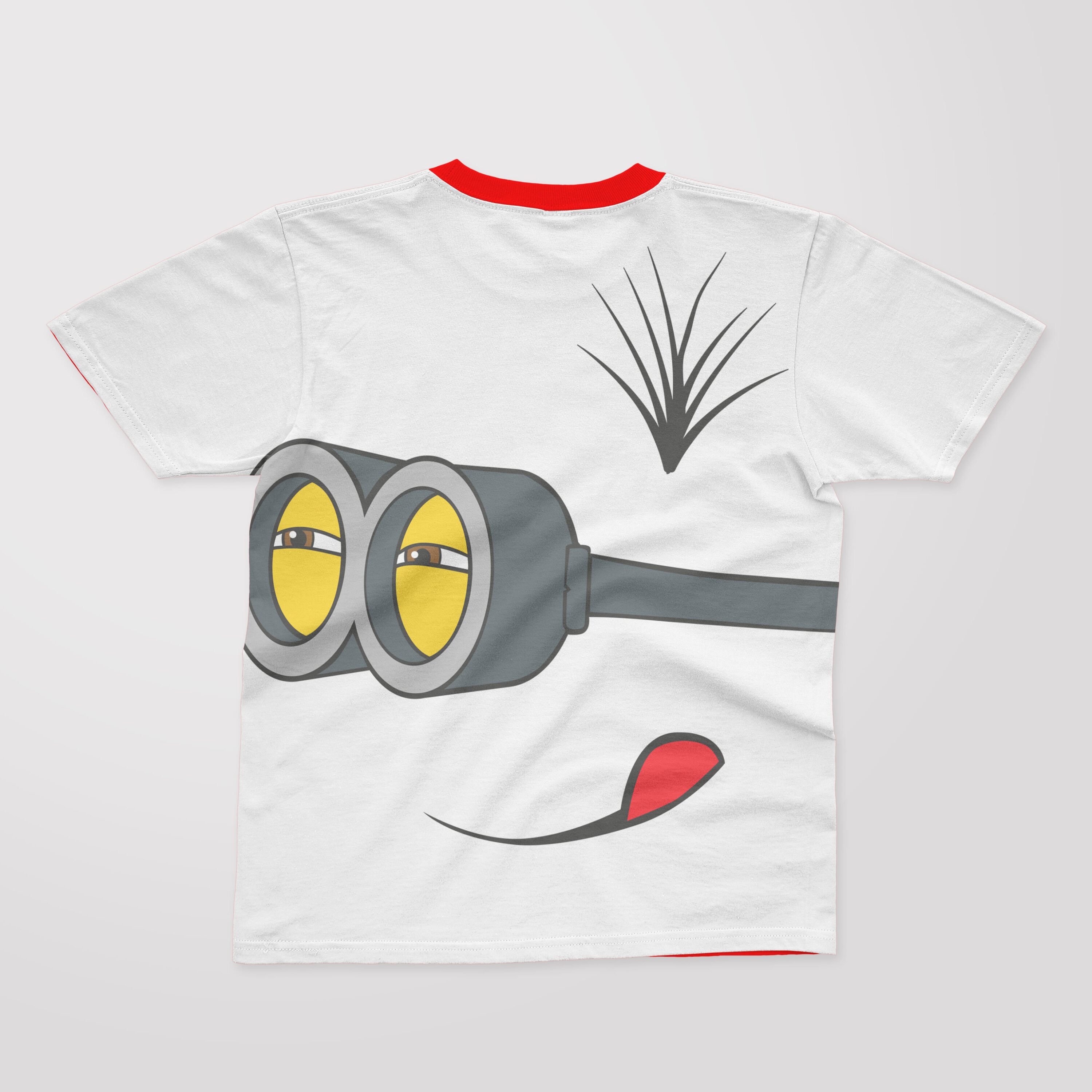 A white T-shirt with a red collar and a face of an interested minion.