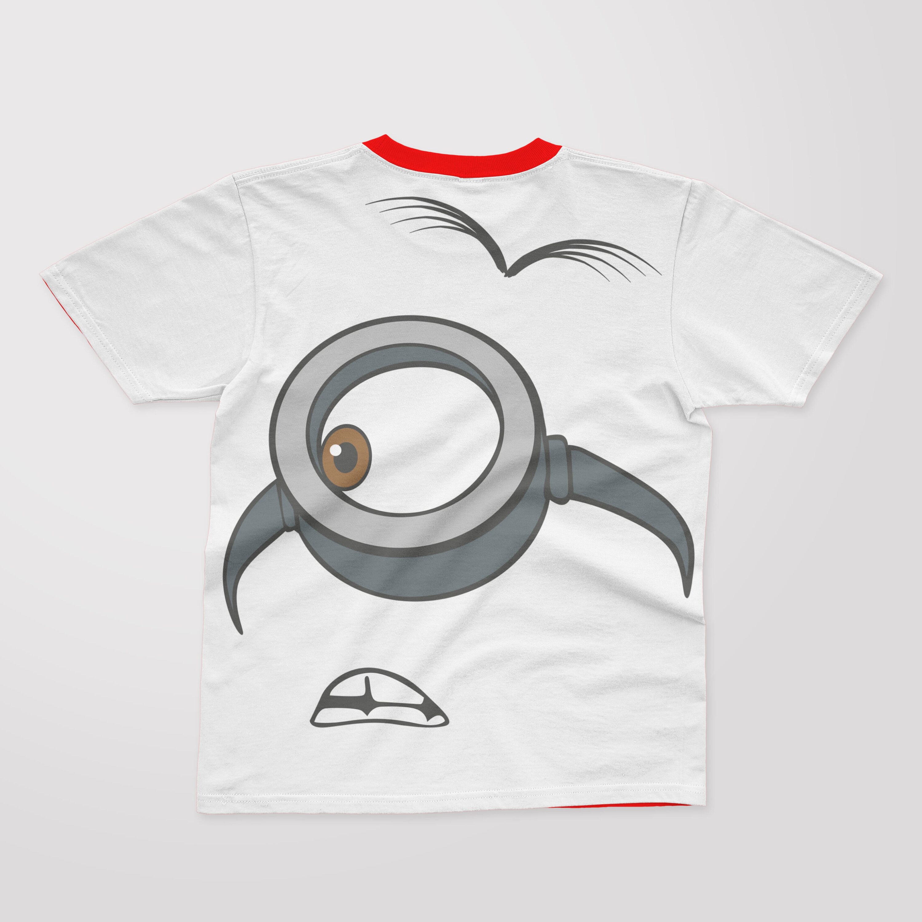 A white T-shirt with a red collar and a face of a surprised minion.