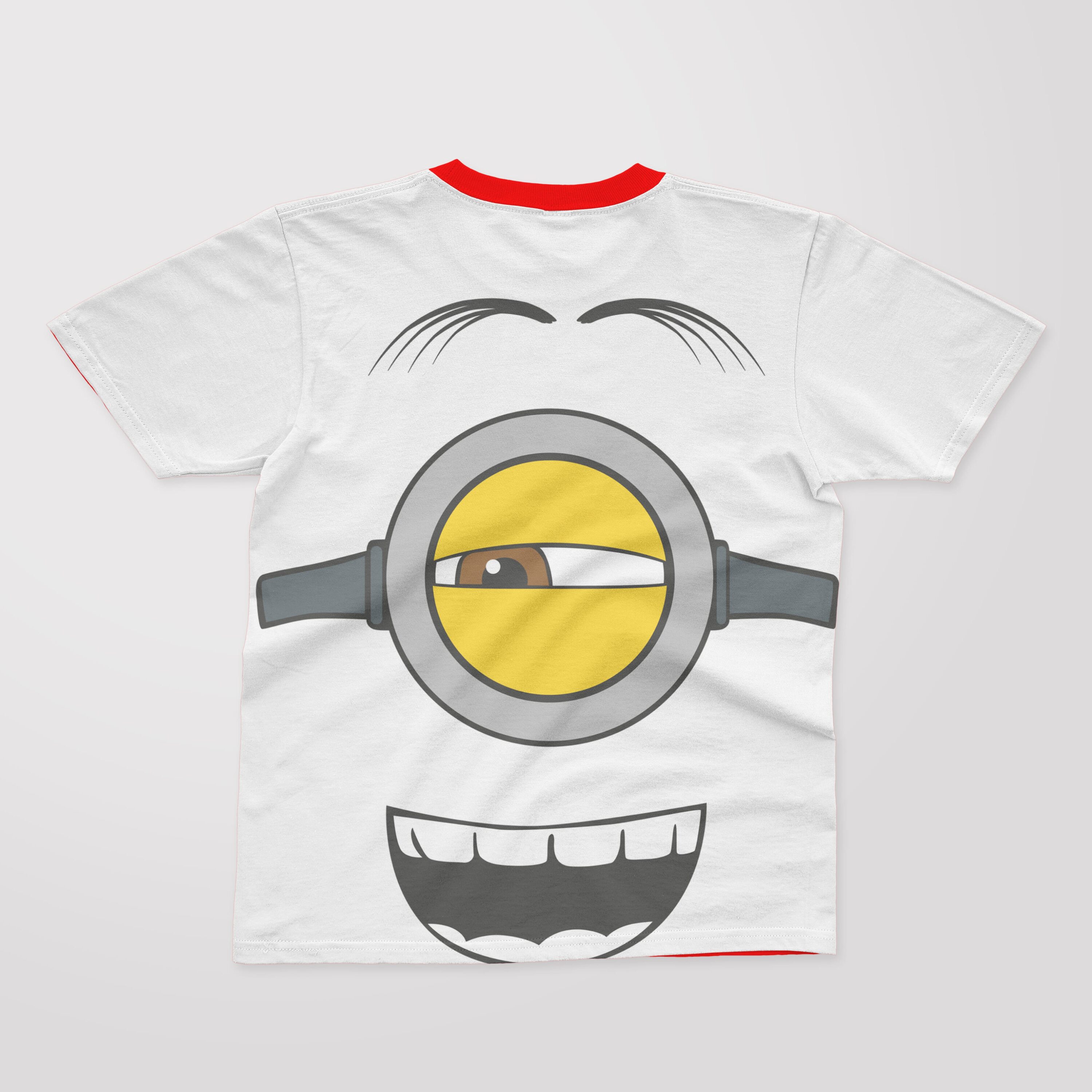 A white T-shirt with a red collar and a face of a laughing minion.