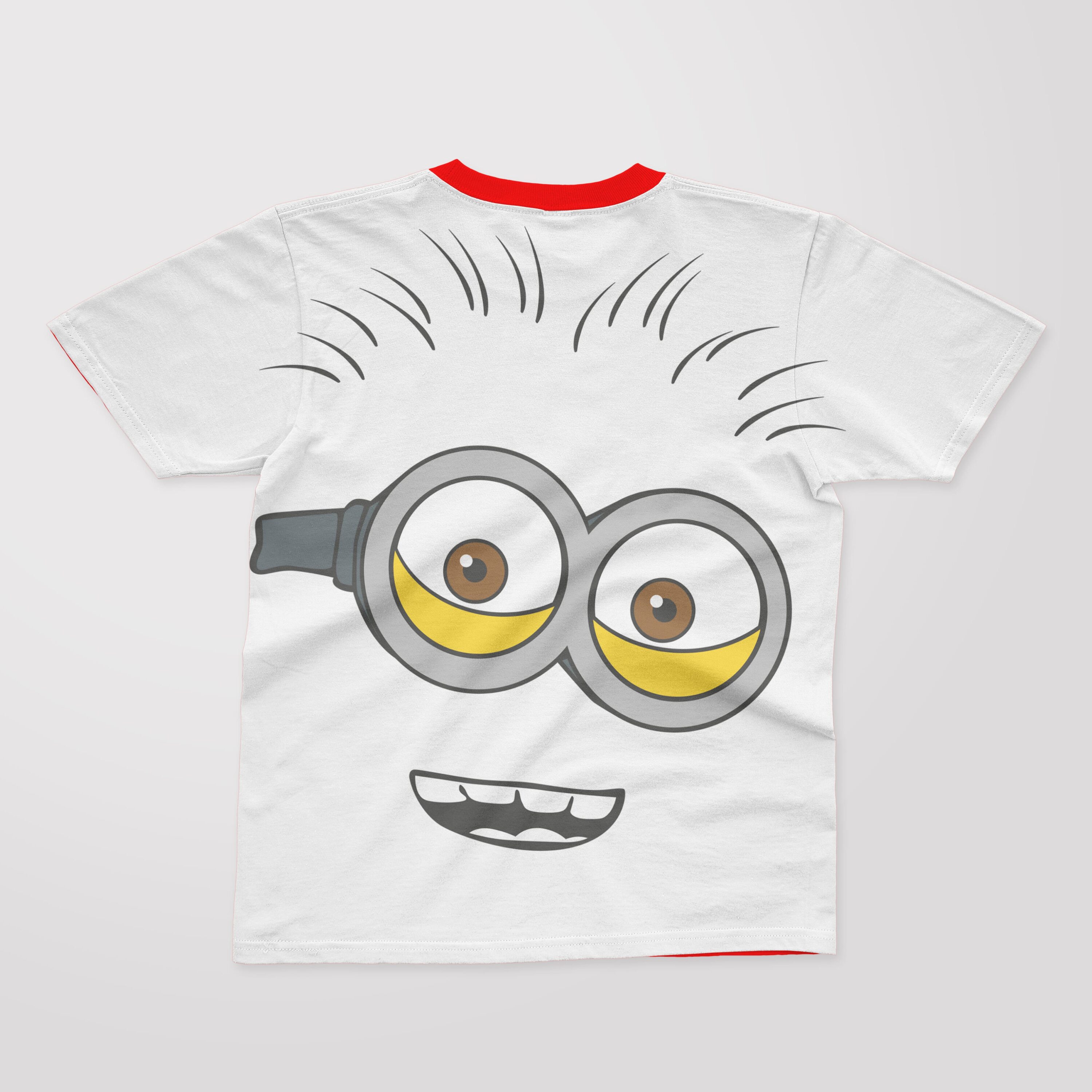 A white T-shirt with a red collar and a face of a laughing minion.