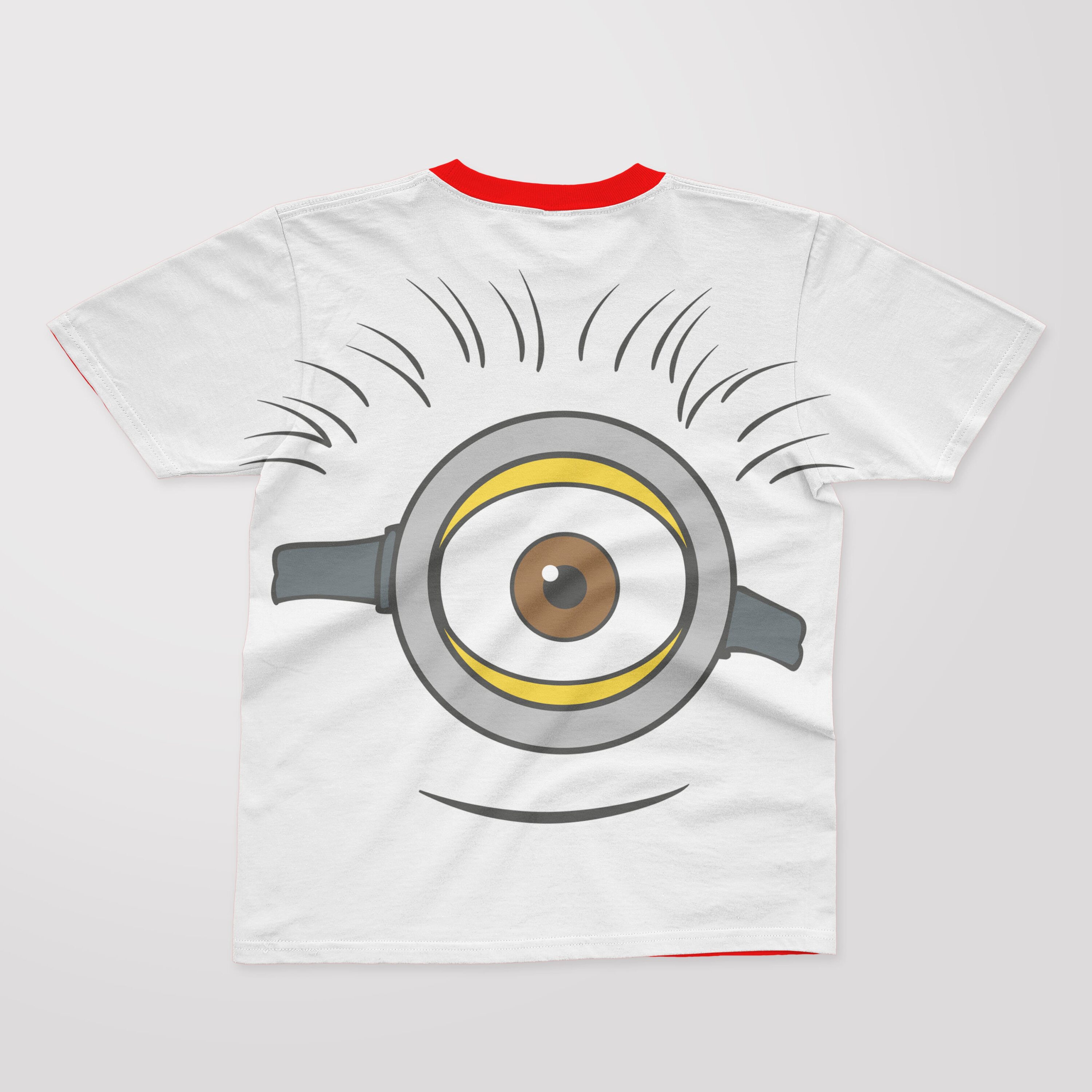 A white T-shirt with a red collar and a face of a happy minion.