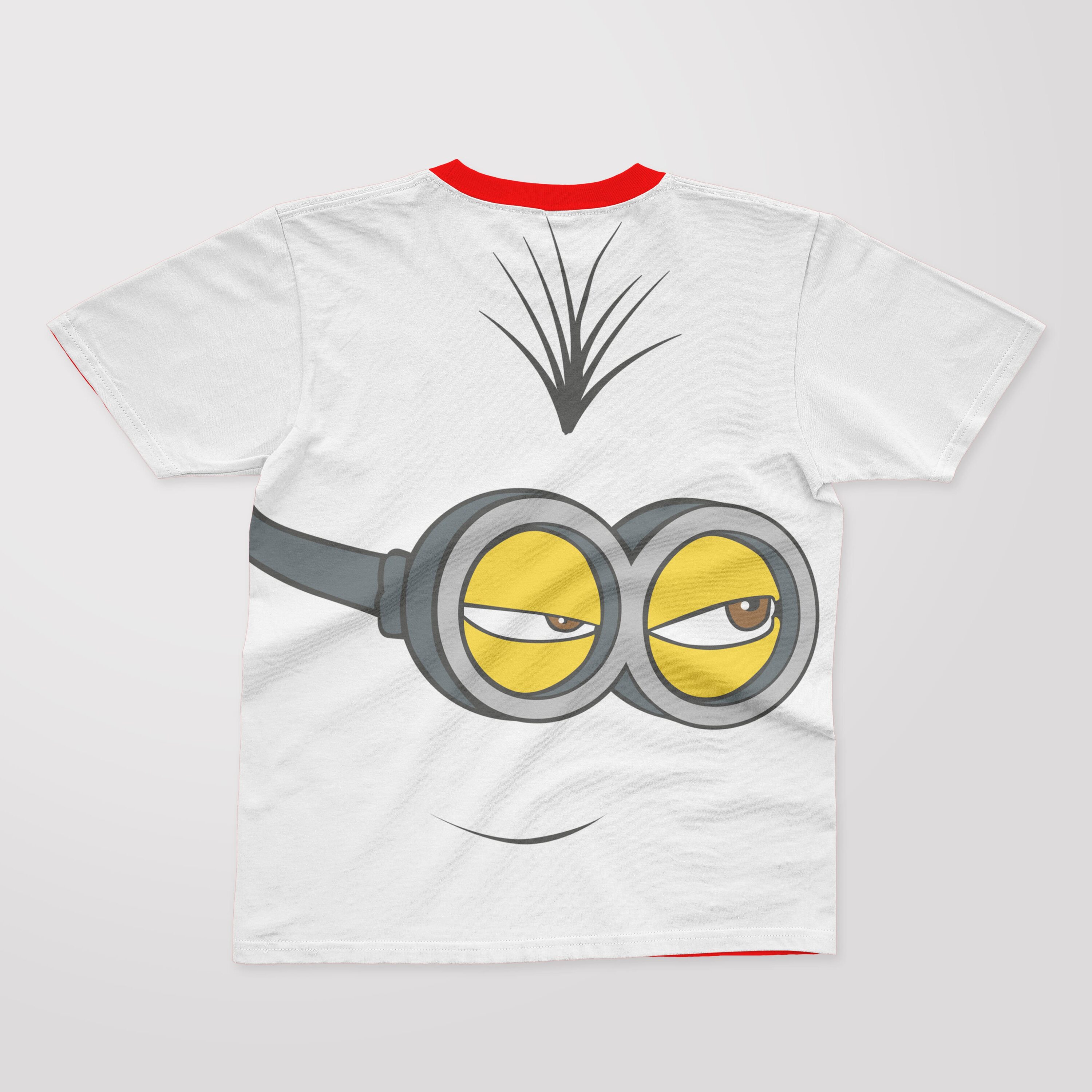 White T-shirt with a red collar and a face of a grinning minion.