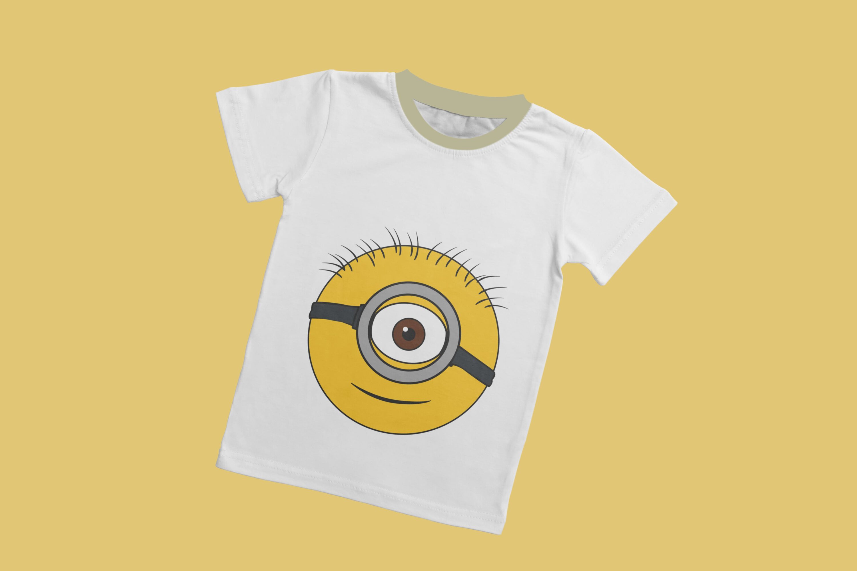 A white T-shirt with a mint collar and a face of a happy minion.