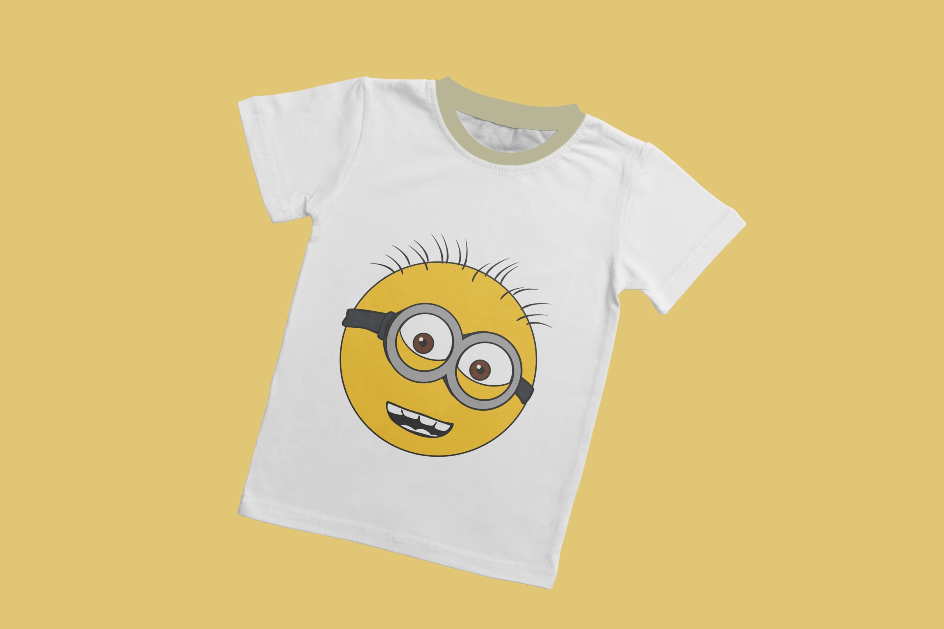 A white T-shirt with a mint collar and a face of a laughing minion.
