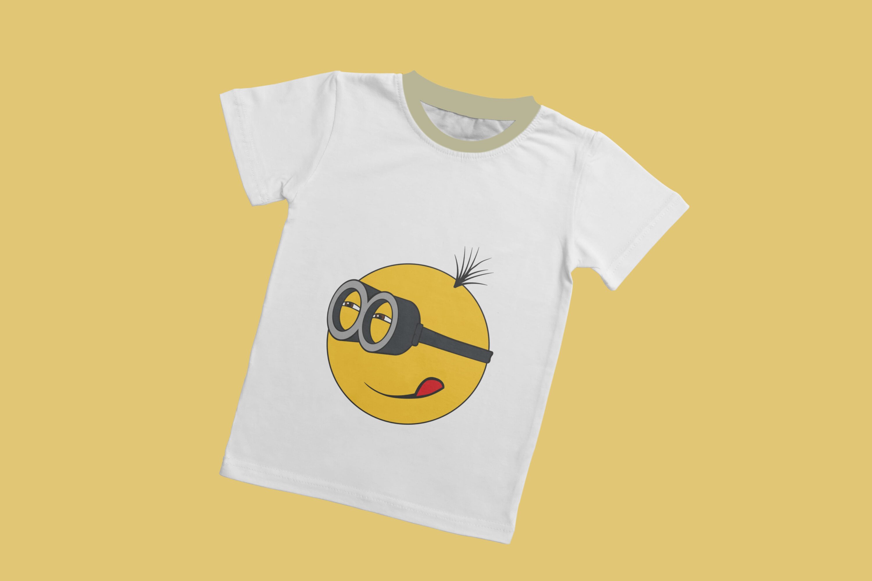 A white T-shirt with a mint collar and a face of an interested minion.