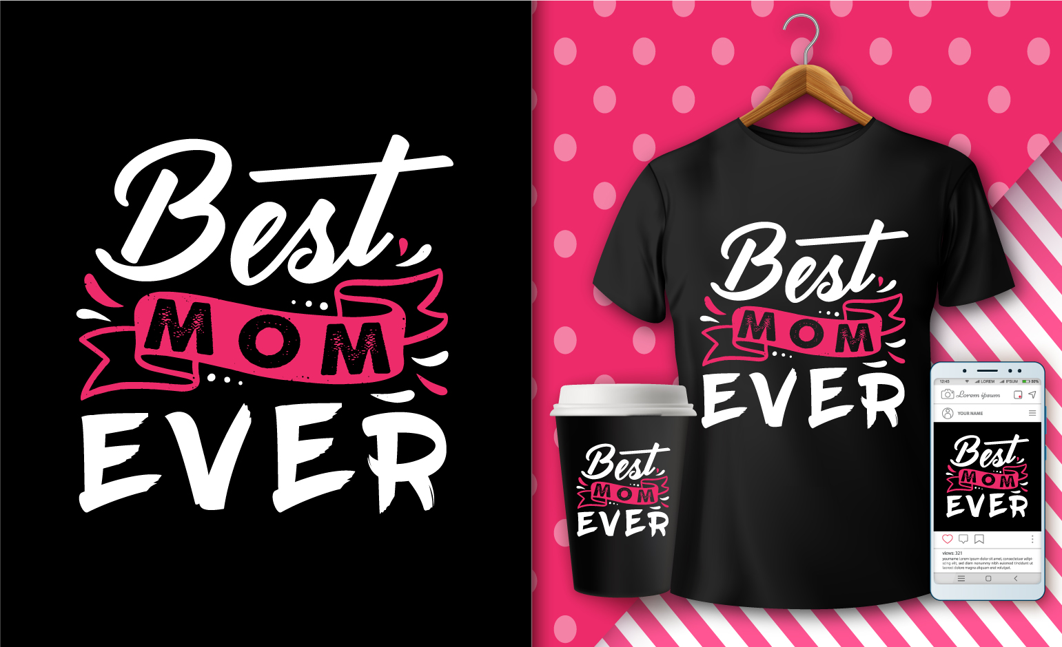 T-Shirt Best Mom Ever Pink and White Design SVG Bundle preview image.