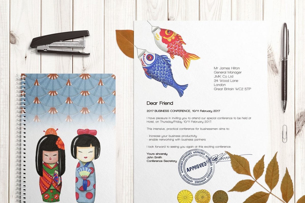 Themed notebook and mail letter mockup.