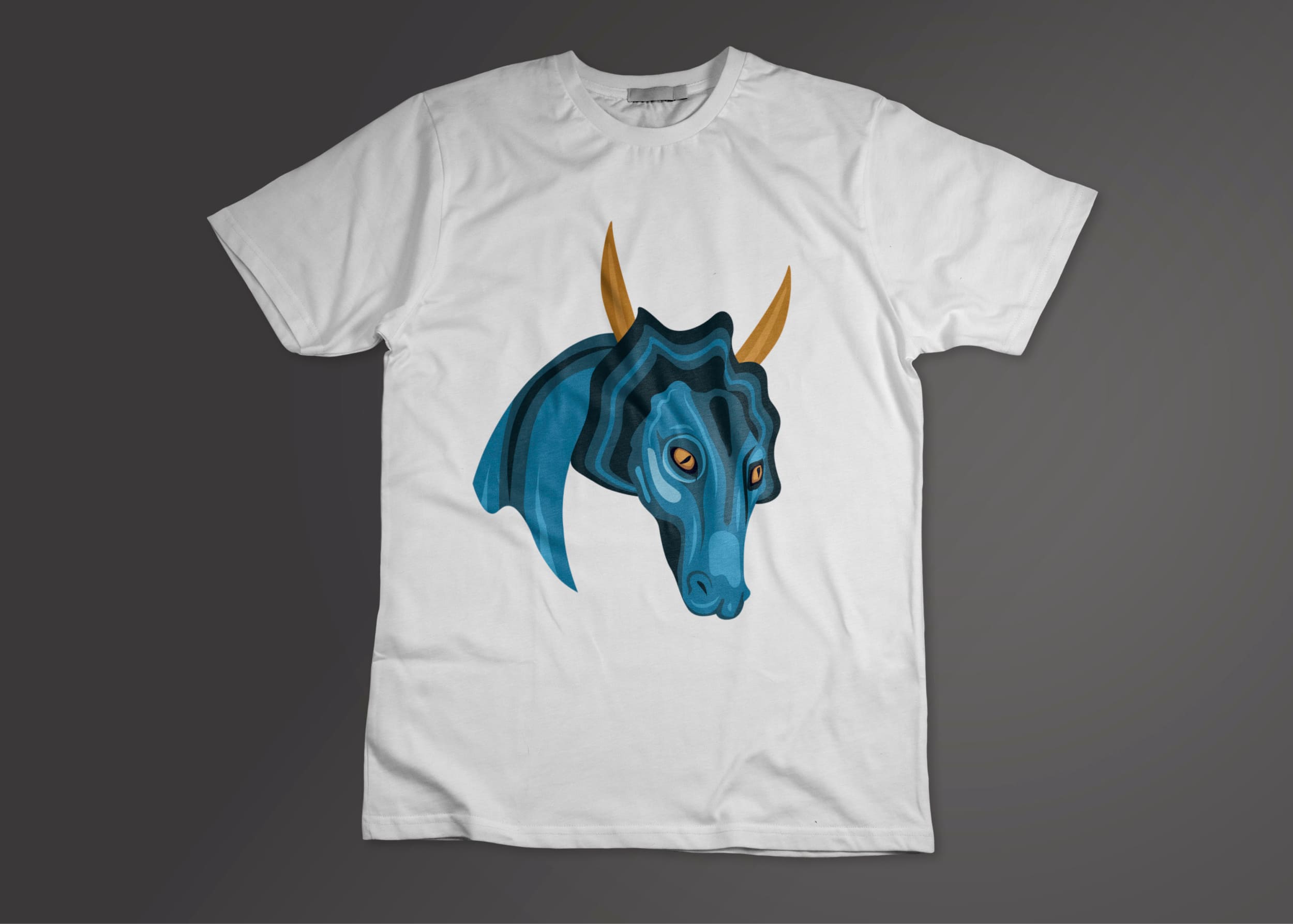 White T-shirt with a blue dragon head on a dark gray background.