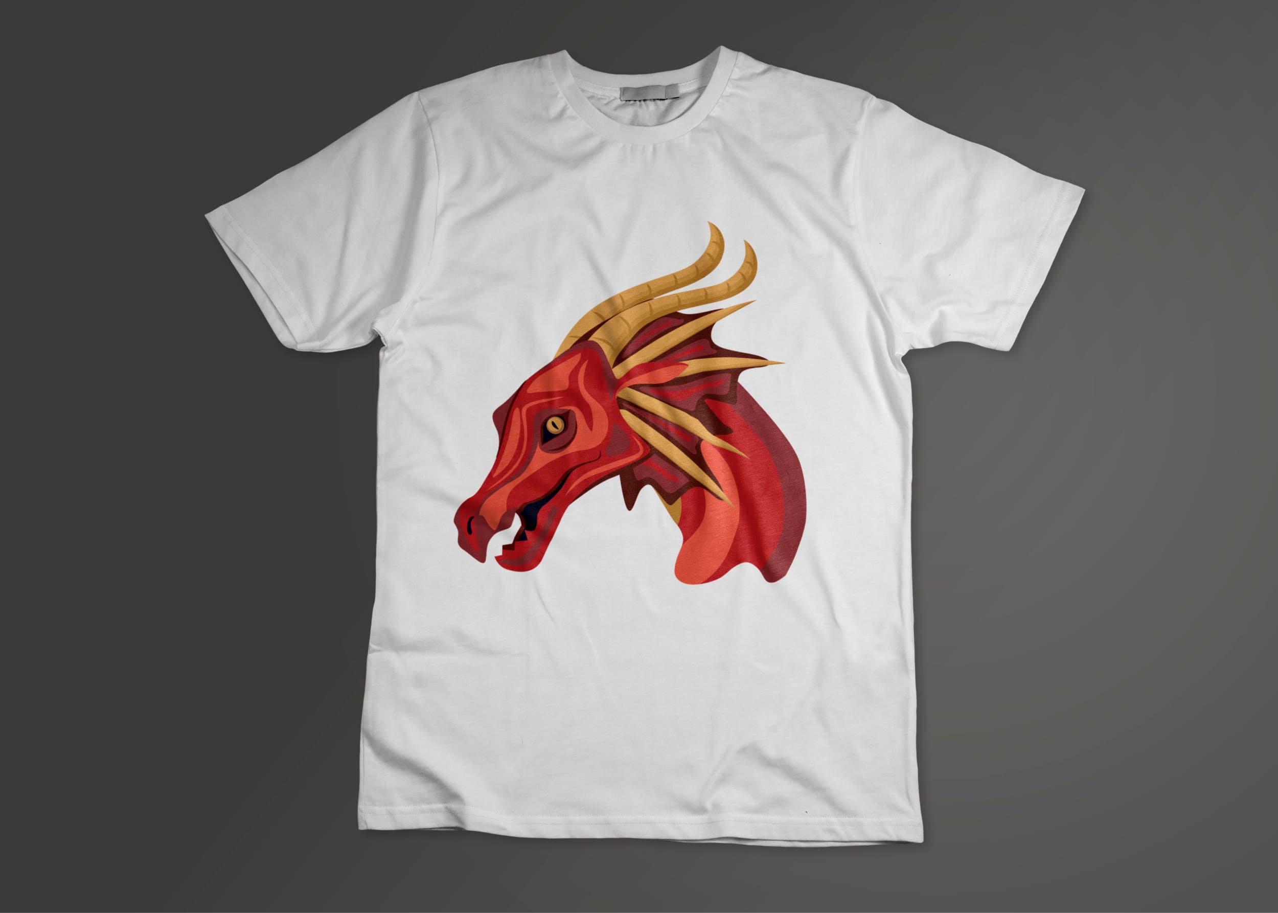 White T-shirt with a red dragon head on a dark gray background.