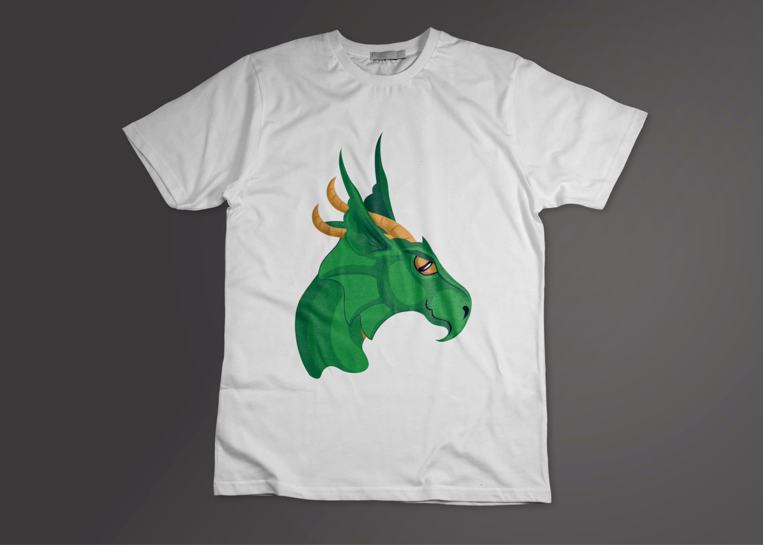 White T-shirt with a green dragon head on a dark gray background.