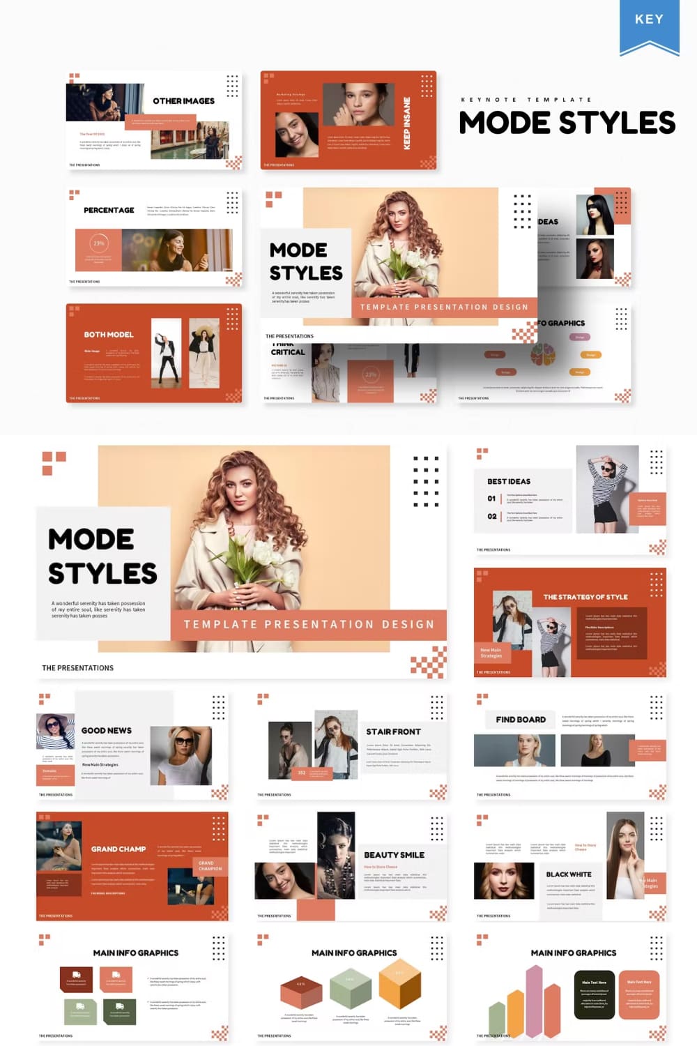 A selection of colorful presentation template slides on the topic of mode styles.
