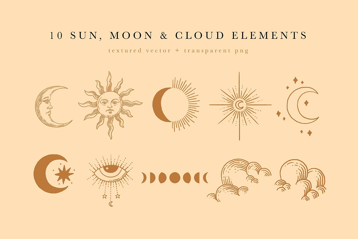 There are 10 sun, moon & cloud elements in textured vector and transparent png files.