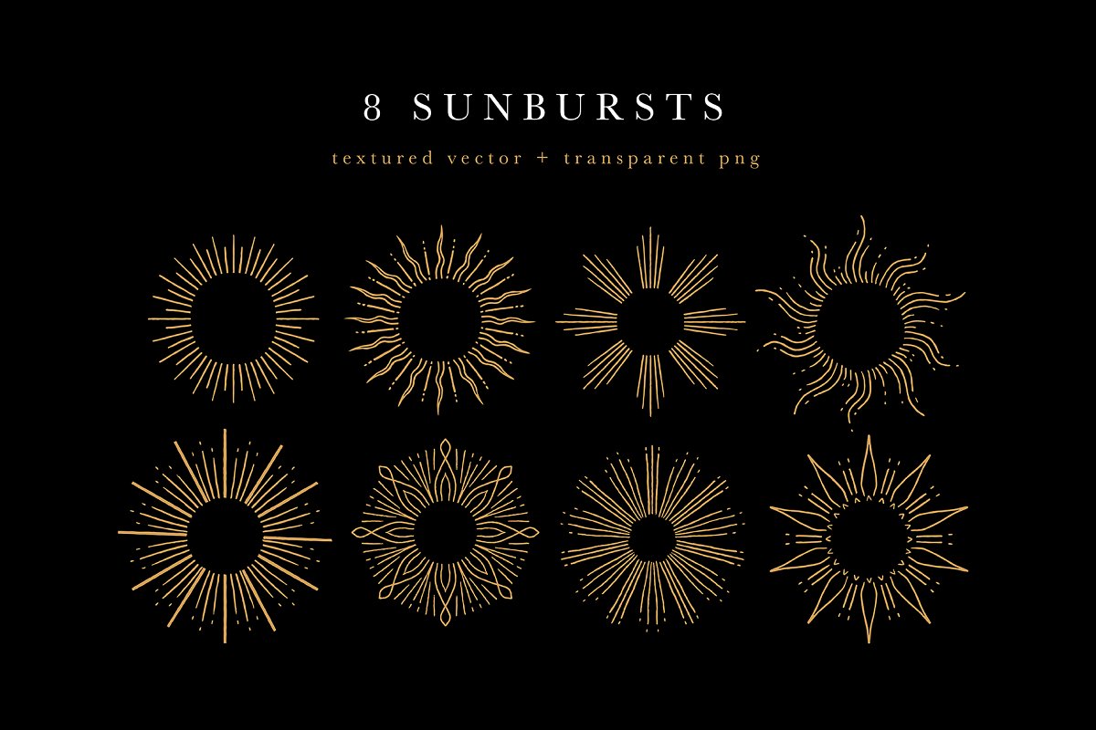 There are 8 sunbursts in textured vector and transparent png files.