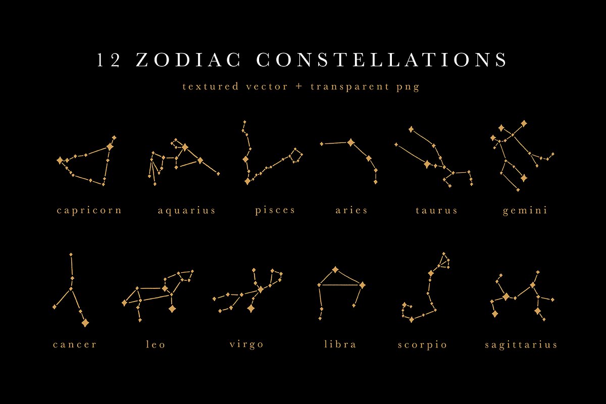 There are 12 zodiac constellations in textured vector and transparent png files.