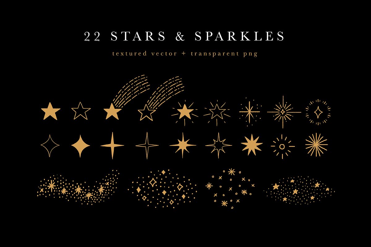 There are 22 stars & sparkles in textured vector and transparent png files.