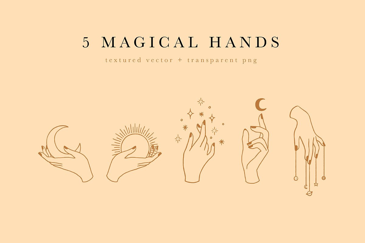 There are 5 magical hands in textured vector and transparent png files.