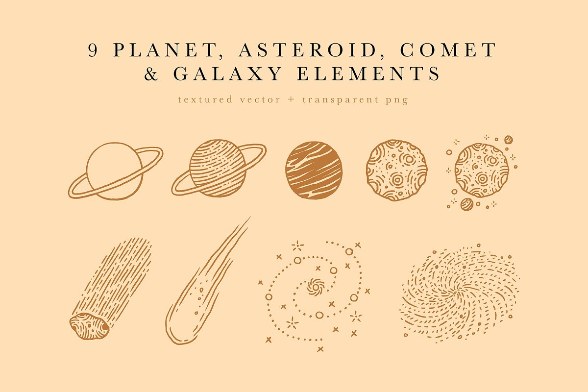 There are 9 planet, asteroid, comet & galaxy elements in textured vector and transparent png files.