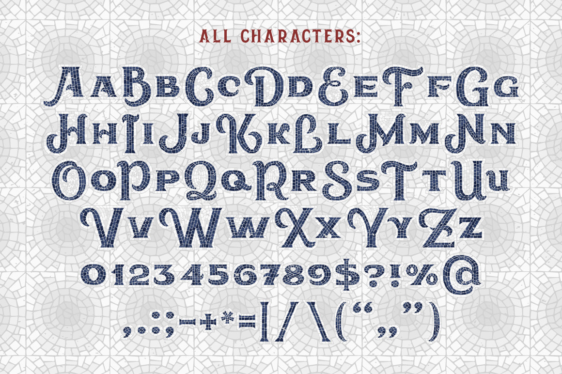 Mosaic Pool Typeface preview for all characters.