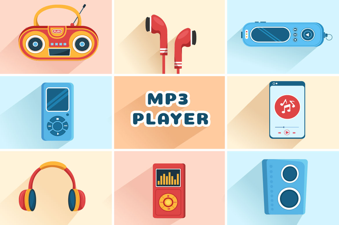 Set of irresistible cartoon images of MP3 players and headphones.