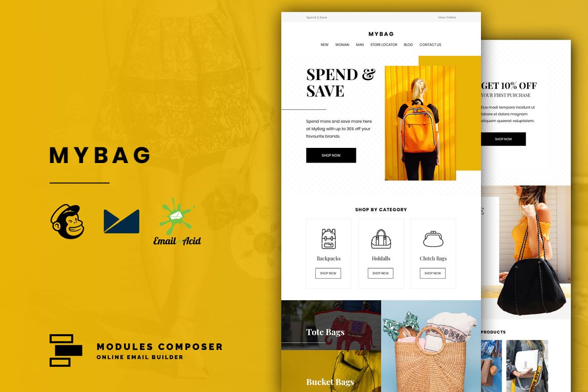 A selection of images of a wonderful email design template for a bag shop.