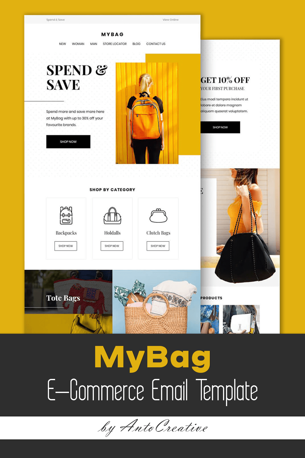 Set of images of colorful email design template for bag shop.